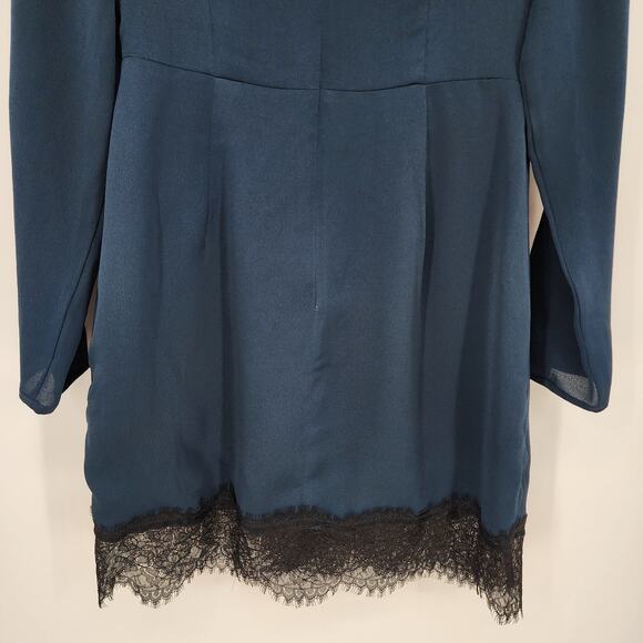 Keepsake The Label Mini Dress M Satin Lace Trim Long Flare Sleeve Blue Black - Picture 11 of 15